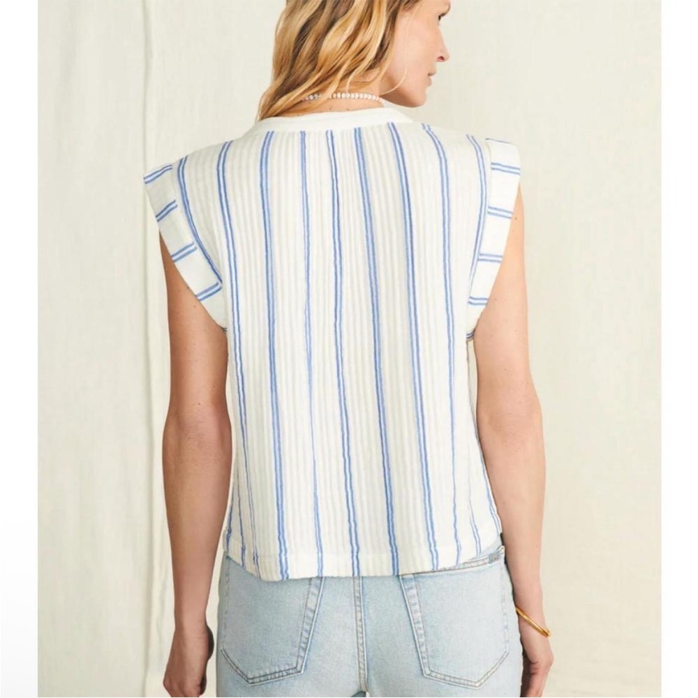 FAHERTY dream cotton gauze dylan top back bay stripe blue white coastal size M - Picture 2 of 10